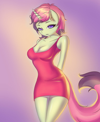 Size: 1000x1217 | Tagged: safe, artist:derpifecalus, oc, oc only, oc:spicy flavor, unicorn, anthro, breasts, cleavage, clothes, dress, female, horn, solo, tail, ych result