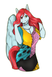 Size: 892x1332 | Tagged: safe, artist:blackblood-queen, oc, oc only, oc:firelight, pegasus, anthro, anthro oc, bodypaint, clothes, commission, costume, dyed mane, female, gift art, halloween, halloween costume, heterochromia, holiday, makeup, mare, nightmare night costume, sally skellington, simple background, smiling, the nightmare before christmas, transparent background