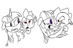 Size: 1024x675 | Tagged: safe, artist:emositecc, spike, twilight sparkle, dragon, pony, unicorn, vampire, g4, alternate eye color, angry, evil spike, fangs, female, looking at each other, male, mare, red eyes, unicorn twilight