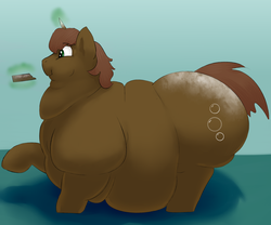 Size: 3000x2500 | Tagged: safe, artist:lupin quill, oc, oc only, oc:brownie mix, pony, unicorn, belly, bhm, big belly, bingo wings, brownie, butt, chubby cheeks, double chin, eating, fat, flabby chest, food, high res, large butt, long hair, magic, male, morbidly obese, obese, plot, rolls of fat, simple background, solo