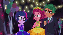 Size: 1280x720 | Tagged: safe, screencap, gloriosa daisy, sci-twi, timber spruce, twilight sparkle, equestria girls, g4, my little pony equestria girls: legend of everfree, animated, blushing, cute, female, male, shipping, sound, straight, timbertwi, webm