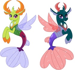 Size: 962x894 | Tagged: safe, artist:cloudy glow, editor:thomasfan45, pharynx, thorax, changedling, changeling, seapony (g4), g4, changedling brothers, fin wings, fins, king thorax, looking at you, male, mandibles, prince pharynx, seaponified, seapony pharynx, seapony thorax, simple background, smiling, species swap, tail, vector, white background, wings