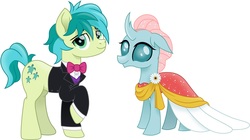 Size: 1427x800 | Tagged: safe, artist:cloudy glow, edit, editor:thomasfan45, ocellus, sandbar, changedling, changeling, earth pony, pony, g4, beautiful, bowtie, clothes, cutie mark, dress, female, flower, formal dress, formal wear, handsome, male, movie accurate, ship:ocelbar, shipping, simple background, straight, suit, tuxedo, vector, white background