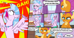 Size: 1009x521 | Tagged: safe, artist:metal-jacket444, silverstream, smolder, dragon, hippogriff, comic:silver the shipper, g4, cropped, dragoness, fanfic writer, female, paper, pen, quill, shocked, suspicious, wings