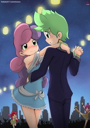 Size: 2067x2923 | Tagged: safe, artist:ryured, apple bloom, scootaloo, spike, sweetie belle, human, g4, armpits, blushing, boots, bow, bracelet, city, cityscape, clothes, cute, cutie mark crusaders, dress, ear piercing, earring, female, grin, hair bow, high res, holding hands, humanized, jewelry, looking at each other, male, miniskirt, night, outdoors, pants, piercing, pleated skirt, romantic, ship:spikebelle, shipping, shoes, skirt, skirtaloo, smiling, straight