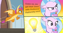 Size: 1007x522 | Tagged: safe, artist:metal-jacket444, silverstream, smolder, dragon, hippogriff, comic:silver the shipper, g4, cropped, dragoness, female, idea, inspired, jewelry, lightbulb, necklace, pen, quill, thinking, wings