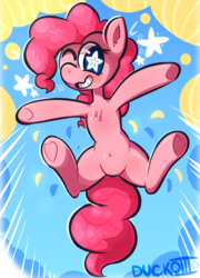 Size: 921x1277 | Tagged: safe, artist:duckoiii, pinkie pie, earth pony, pony, g4, belly button, chest fluff, cute, diapinkes, ear fluff, female, grin, heart, hoof heart, jumping, one eye closed, smiling, solo, starry eyes, stars, wingding eyes, wink