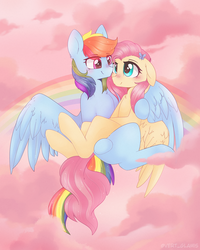 Size: 2000x2500 | Tagged: safe, artist:vert_glamis, fluttershy, rainbow dash, butterfly, pegasus, pony, g4, blushing, bridal carry, carrying, cloud, duo, duo female, eye contact, female, high res, lesbian, looking at each other, mare, pink cloud, rainbow, ship:flutterdash, shipping, signature, sitting on lap, smiling, spread wings, wings