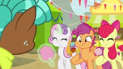 Size: 1920x1080 | Tagged: safe, screencap, apple bloom, scootaloo, spur, sweetie belle, pony, g4, growing up is hard to do, candy, cotton candy, cutie mark crusaders, eating, food, lollipop, magic, older