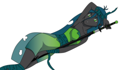 Size: 1224x711 | Tagged: safe, artist:lhenao, queen chrysalis, changeling, changeling queen, human, equestria girls, g4, anime, anime style, armpits, bare shoulders, equestria girls-ified, female, katana, lying down, simple background, solo, sword, transparent background, weapon