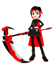 Size: 1032x1242 | Tagged: safe, artist:lhenao, little red, human, equestria girls, g4, belt, bullet, cloak, clothes, crescent rose, crossover, equestria girls-ified, female, gun, rifle, ruby rose, rwby, scythe, silver eyes, sniper rifle, solo, weapon