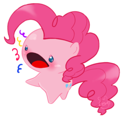 Size: 500x478 | Tagged: safe, artist:cmvm, part of a set, pinkie pie, earth pony, pony, g4, blushing, chibi, confetti, cute, diapinkes, female, no nose, pixiv, simple background, solo, transparent background