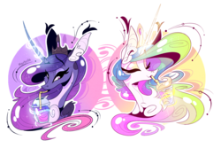 Size: 2994x1995 | Tagged: safe, artist:marbola, princess celestia, princess luna, alicorn, pony, g4, bust, digital art, drink, eyes closed, female, looking at you, magic, mare, royal sisters, siblings, sisters, slushie, smiling, smoothie