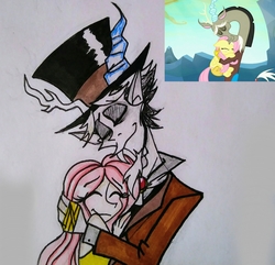 Size: 2157x2078 | Tagged: safe, artist:citi, screencap, discord, fluttershy, human, g4, to where and back again, duo, elf ears, female, high res, hug, humanized, male, scene interpretation, screencap reference, traditional art