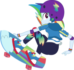 Size: 9039x8544 | Tagged: safe, artist:marcorulezzz, rainbow dash, equestria girls, g4, my little pony equestria girls: better together, sic skateboard, absurd resolution, ass, butt, clothes, converse, female, grab, happy, helmet, leggings, multicolored hair, mute, pink eyes, rainbutt dash, shoes, simple background, skateboard, skateboarding, smiling, solo, transparent background, vector, wristband