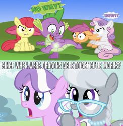 Size: 640x657 | Tagged: safe, artist:changeling #209458, edit, edited screencap, editor:undeadponysoldier, screencap, apple bloom, diamond tiara, scootaloo, silver spoon, spike, sweetie belle, dragon, earth pony, pegasus, pony, unicorn, g4, the cutie pox, amused, angry, blank flank, caption, cutie mark, cutie mark crusaders, cutiespark, female, filly, glasses, image macro, jaw drop, jealous, jewelry, lip bite, male, necklace, pearl necklace, text, tiara