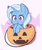 Size: 1000x1200 | Tagged: safe, artist:higglytownhero, trixie, pony, unicorn, g4, blushing, candy, cute, cute little fangs, diatrixes, fangs, female, food, halloween, holiday, mare, no pupils, pumpkin, pumpkin bucket, signature, solo