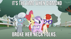 Size: 640x357 | Tagged: safe, edit, edited screencap, editor:undeadponysoldier, screencap, apple bloom, diamond tiara, silver spoon, twist, earth pony, pony, call of the cutie, g4, apple bloom's bow, bow, broken neck, caption, female, filly, glasses, hair bow, image macro, jewelry, meme, necklace, pearl necklace, text, tiara