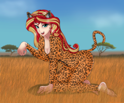 Size: 1701x1417 | Tagged: safe, artist:anonix123, sunset shimmer, big cat, human, leopard, g4, animal costume, barefoot, bedroom eyes, bodysuit, breasts, busty sunset shimmer, catsuit, cleavage, clothes, costume, feet, female, field, humanized, looking at you, open mouth, scenery, solo, tree