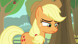 Size: 1280x720 | Tagged: safe, screencap, applejack, earth pony, pony, g4, going to seed, apple, apple tree, female, freckles, mare, sad, solo, tree