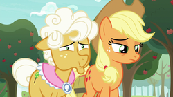 Size: 1280x720 | Tagged: safe, screencap, applejack, goldie delicious, pony, g4, going to seed, apple, apple tree, tree