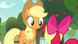 Size: 1920x1080 | Tagged: safe, screencap, apple bloom, applejack, earth pony, pony, g4, going to seed, apple, apple tree, tree