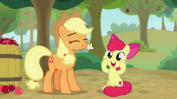 Size: 1920x1080 | Tagged: safe, screencap, apple bloom, applejack, earth pony, pony, g4, going to seed, 1080p, adorabloom, apple, apple tree, barrel, cute, female, filly, foal, mare, tree