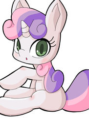 Size: 800x1100 | Tagged: safe, artist:nakayan, sweetie belle, pony, unicorn, g4, blank flank, cute, diasweetes, female, filly, open mouth, pixiv, simple background, sitting, solo, white background