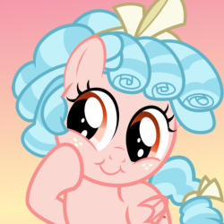 Size: 250x250 | Tagged: safe, artist:amatterasus, cozy glow, pegasus, pony, g4, marks for effort, bow, female, filly, freckles, gradient background, hair bow, raised hoof, solo, tail bow