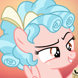 Size: 250x250 | Tagged: source needed, useless source url, safe, cozy glow, pegasus, pony, g4, bow, female, filly, freckles, gradient background, hair bow, smiling, smirk, solo
