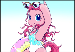 Size: 804x556 | Tagged: safe, artist:satouyuka, pinkie pie, earth pony, semi-anthro, g4, alternate hairstyle, arm hooves, bipedal, clothes, cute, diapinkes, female, gradient background, inner tube, one-piece swimsuit, pixiv, solo, sunglasses, swimsuit