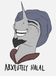 Size: 630x850 | Tagged: safe, artist:t72b, derpibooru exclusive, chancellor neighsay, pony, saddle arabian, unicorn, g4, absolutely disgusting, absolutely haram, beard, facial hair, grin, halal, islam, laughing, male, meme, ponified meme, smiling, solo, turban