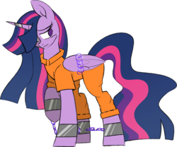 Size: 1389x1157 | Tagged: safe, artist:taaffeiite, derpibooru exclusive, twilight sparkle, alicorn, pony, g4, bound wings, chains, clothes, commission, crystal chains, cuffs, duckery in the description, ethereal mane, horn, horn ring, magic suppression, older, older twilight, older twilight sparkle (alicorn), princess twilight 2.0, prison outfit, prisoner, prisoner ts, punishment, shackles, simple background, solo, transparent background, twilight sparkle (alicorn), wings
