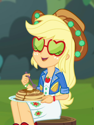 Size: 814x1080 | Tagged: safe, screencap, applejack, equestria girls, equestria girls series, g4, wake up!, spoiler:choose your own ending (season 2), spoiler:eqg series (season 2), applejack's festival hat, applejack's sunglasses, butter, clothes, cowboy hat, cropped, dress, eating, female, food, fork, freckles, glasses, hat, legs, music festival outfit, pancakes, plate, sitting, smiling, solo, sunglasses, syrup, tree stump, wake up!: applejack