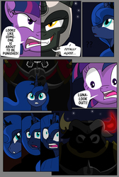 Size: 4500x6701 | Tagged: safe, artist:mlp-cam, princess luna, twilight sparkle, oc, oc:fallenlight, alicorn, bull, pony, comic:curse and madness, g4, armor, comic, evil grin, female, glowing horn, grin, helmet, horn, imminent doom, intimidating, mare, mlpcam, smiling, text bubbles, twilight sparkle (alicorn)