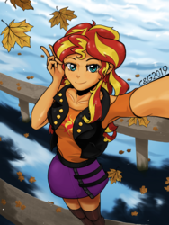 Size: 1536x2048 | Tagged: safe, artist:qzygugu, sunset shimmer, equestria girls, equestria girls series, g4, autumn, beautiful, clothes, cute, female, leaf, leaves, looking at you, miniskirt, peace sign, shimmerbetes, skirt, smiling, socks, solo, thigh highs