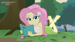 Size: 8000x4500 | Tagged: safe, artist:metalhead97, fluttershy, equestria girls, g4, barefoot, bedroom eyes, book, clothes, commission, cute, feet, female, looking at you, outdoors, prone, show accurate, shyabetes, soles, solo, stupid sexy fluttershy, the pose
