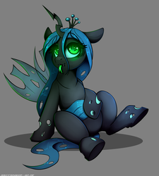 Size: 2700x3000 | Tagged: safe, artist:skitsroom, queen chrysalis, changeling, changeling queen, g4, cute, cutealis, female, glowing eyes, gray background, green eyes, high res, simple background, sitting, smiling, solo, tongue out, younger