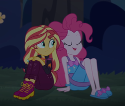 Size: 1232x1041 | Tagged: safe, screencap, pinkie pie, sunset shimmer, equestria girls, equestria girls series, g4, sunset's backstage pass!, spoiler:eqg series (season 2), clothes, cropped, cute, diapinkes, duo, duo female, eyes closed, female, legs, night, outdoors, pajamas, shimmerbetes, shoes, sitting, sleeveless, slippers