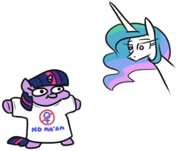 Size: 847x717 | Tagged: safe, artist:jargon scott, princess celestia, twilight sparkle, pony, g4, bipedal, clothes, duo, married with children, no ma'am, shirt, simple background, t pose, t-shirt, twiggie, white background