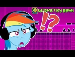 Size: 480x360 | Tagged: safe, rainbow dash, pegasus, pony, g4, exclamation point, female, floppy ears, game, gamer, geometry dash, headphones, icon, logo, mare, question mark, stereo madness, vannamelon