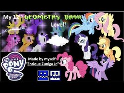 Size: 480x360 | Tagged: safe, applejack, fluttershy, pinkie pie, player, rainbow dash, rarity, twilight sparkle, alicorn, demon, pony, unicorn, g4, cloud, clubstep, demon level, double, double pony, game, gamer, geometry dash, icon, insane demon, level, logo, mane six, minecraft, my little pony logo, online level, pixel art, pixels, play, roblox, terraria, twilight sparkle (alicorn), undertale