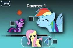 Size: 275x183 | Tagged: safe, fluttershy, rainbow dash, alicorn, pony, unicorn, g4, button, impossible game