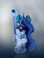 Size: 3096x4128 | Tagged: safe, artist:livitoza, princess luna, alicorn, anthro, g4, arm hooves, breasts, busty princess luna, clothes, coat, fangs, female, freckles, looking at you, mare, one eye closed, open mouth, smiling, solo, sweater, wink