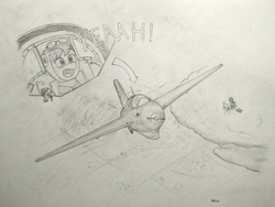Size: 2304x1728 | Tagged: safe, artist:hbgxh, oc, oc only, oc:apogee, oc:dusty color, oc:houston, pegasus, pony, aircraft, clothes, cloud, lineart, me 163, monochrome, pilot, plane, traditional art, war thunder, yeah