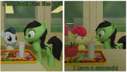 Size: 3872x2204 | Tagged: safe, artist:northern haste, apple bloom, rumble, oc, oc:filly anon, g4, 2 panel comic, 3d, comic, drink, female, filly, food, high res, invader zim, school, source filmmaker