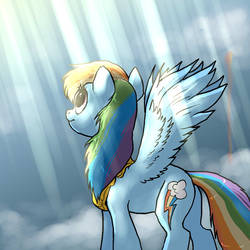 Size: 1000x1000 | Tagged: safe, artist:not-ordinary-pony, derpibooru exclusive, rainbow dash, pegasus, pony, g4, crepuscular rays, element of loyalty, female, mare, solo, spread wings, wings