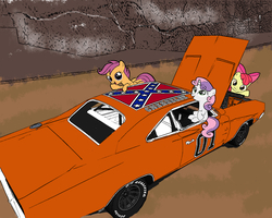 Size: 811x649 | Tagged: safe, apple bloom, scootaloo, sweetie belle, pony, unicorn, g4, car, confederate flag, cutie mark crusaders, dodge (car), dodge charger, dukes of hazzard, general lee