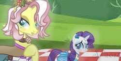 Size: 937x473 | Tagged: safe, rarity, vignette valencia, pony, unicorn, equestria girls, equestria girls specials, g4, my little pony equestria girls: better together, my little pony equestria girls: rollercoaster of friendship, clothes, equestria girls ponified, female, hiking, mare, picnic, ponified, summer