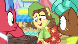 Size: 1920x1080 | Tagged: safe, screencap, biscuit, jeff letrotski, may fair, spur, earth pony, pony, g4, growing up is hard to do, box, clothes, colt, dress, female, filly, hat, male, mare, stallion